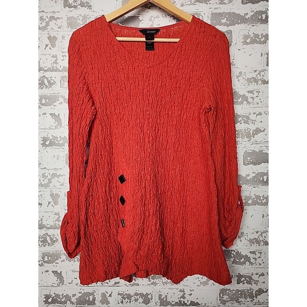 Ali Miles Tunic Small‎ Red V Neck Pucker Crinkle Black Button Roll Tab Sleeve